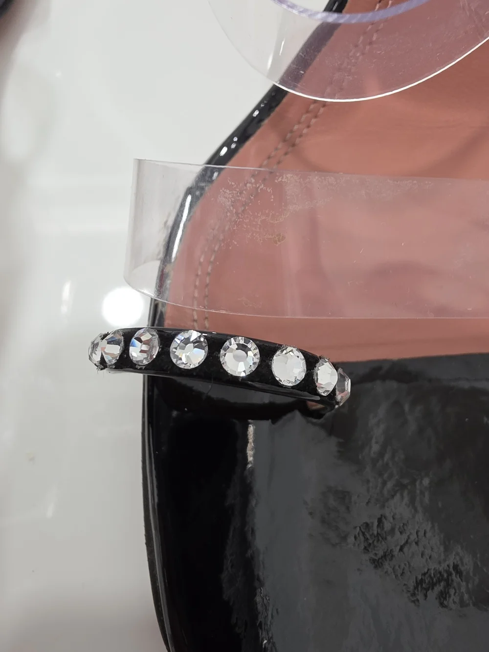 Amina Muaddi Black Patent Slide Heels with Clear Straps and Crystal Trim